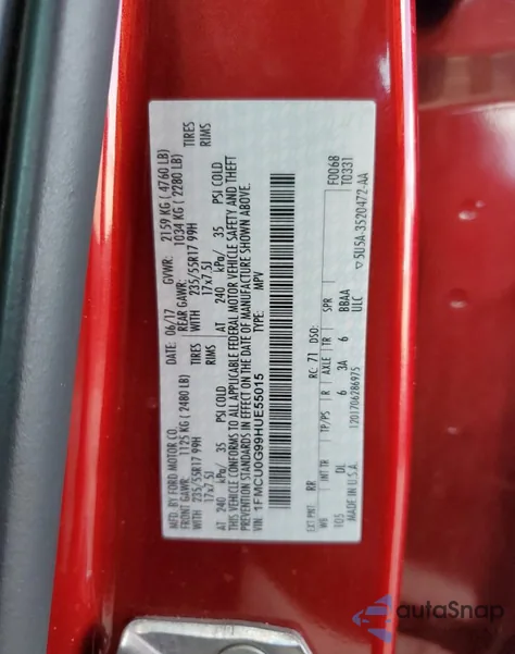 2017 Ford Escape Se z USA, uszkodzony, nr VIN 1FMCU0G99HUE55015
